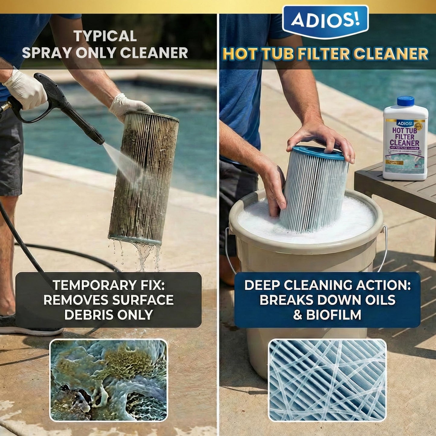 Adios! Hot Tub 4X Filter Cleaner for Spas – Deep Cleaning Soaking Solution Dissolves Grease and Grime, Unclogging and Restoring Water Flow (32oz)