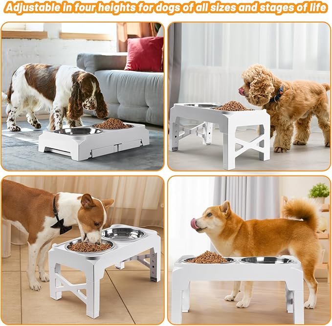 Elevated Dog Bowls with 2 Stainless Steel Food & Water Raised Bowls with No Spill Edge Non-Slip Stand Adjusts to 5 Heights(3.2", 8.77", 9.9",11.1", 12.3") for Small Medium Large Dog and Pet White