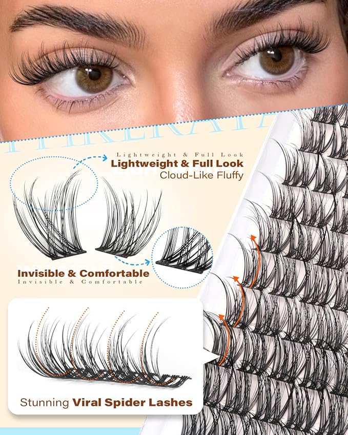 PHKERATA Spider Lash Clusters Natural Eyelash Clusters, Fluffy D Curl Cluster Eyelash Extensions, 12-14-16mm Wispy Individual Lashes with Soft Thin Band