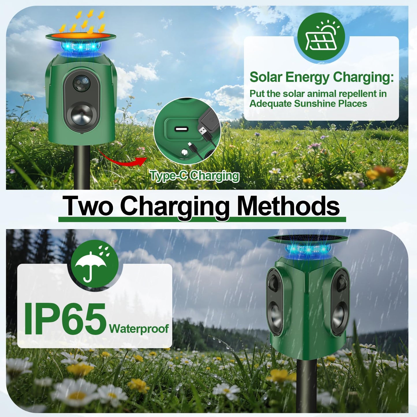 360° Solar Animal Repellent,Ultrasonic Cat Repellent Outdoor,Solar Animal Repeller with Motion Sensor,Waterproof Rabbit Repeller with Flashing Light Defender Dog Squirrel Deer Birds for Yard Orchard
