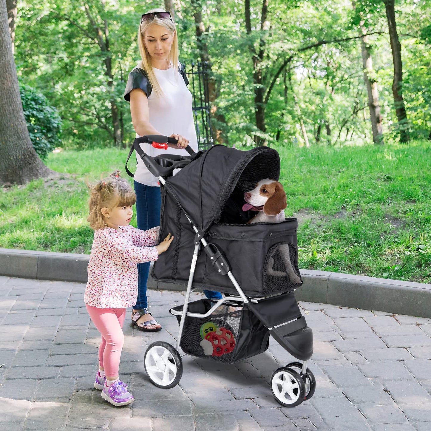 ZENY Foldable Pet Stroller, Cat/Dog Stroller with 3 Wheel, Pet Strolling Cart, Dog Travel Carrier with Storage Basket + Cup Holder, Black