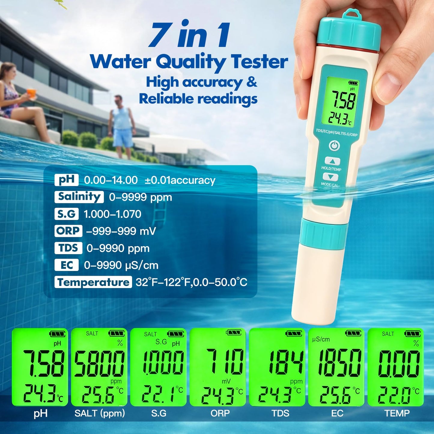 7 in1 Pool Thermometer, PH & Salt Meter, Digital Pool TDS EC ORP SG Salinity Test Kit, Professional High Accuracy Water Quality Tester & Monitor for Swimming Pool, Spa, Hot Tub, Hydroponics & Aquarium