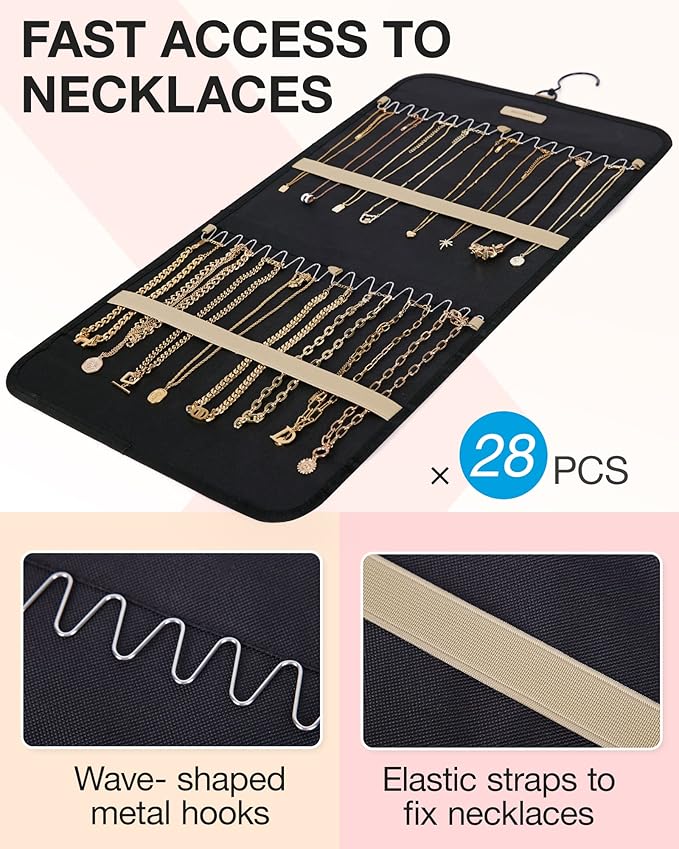 BAGSMART Hanging Jewelry Organizer Storage Roll with Hanger Metal Hooks Double-Sided Jewelry Holder for Earrings, Necklaces, Rings on Closet, Wall, Door, 1 piece, Medium, Black