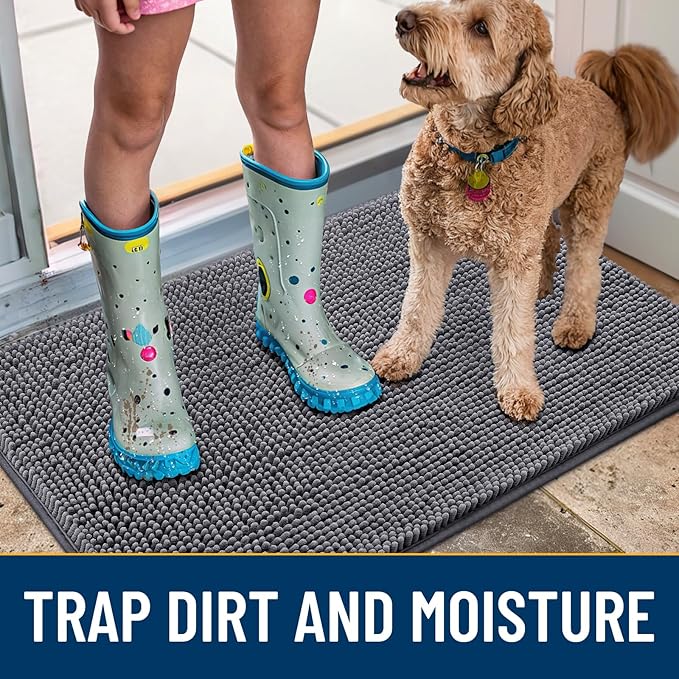 Smiry Dog Door Mat for Muddy Paws 34x21, Absorbs Moisture and Dirt Doormat, Non-Slip Washable Quick Dry Chenille Front Door Mat Indoor Entrance, Entryway Carpet for Inside Floor, Dark Grey
