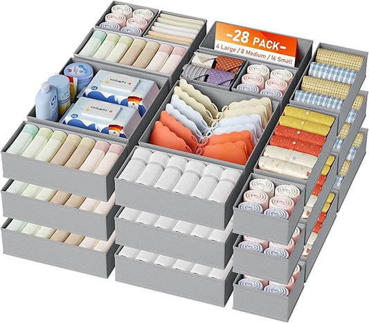DIMJ Drawer Organizer Clothes, 30 Pack Dresser Organizer, Foldable Closet Organizers and Storage, Fabric Dresser Bins, Drawer Dividers for Nursery, Baby Clothes, Underwears, Sock,Gray