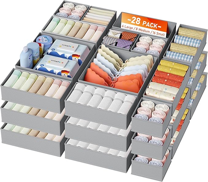 DIMJ Drawer Organizer Clothes, 28 Pack Dresser Organizer, Foldable Closet Organizers and Storage, Fabric Dresser Bins, Drawer Dividers for Nursery, Baby Clothes, Underwears, Sock,White