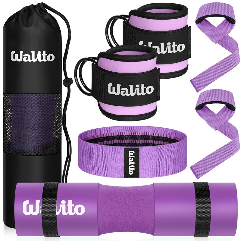 WALITO 8Pcs Barbell Pad Set for Hip Thrust - Squat Pad,Gym Accessories for Women with Bar Bad,Bench Press, with Gym Ankle Straps,Resistance Bands for Working Out,Lifting Strap,Carry Bag (Purple)