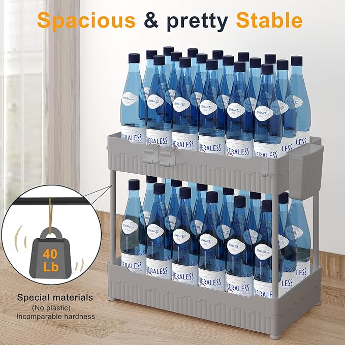 Sevenblue 2 Pack Under Sink Organizer, Under Bathroom Cabinet Organizer with Hooks Hanging Cup, Multi-Purpose Storage Shelf for Kitchen Bathroom (Gray, 14.8 Inch)