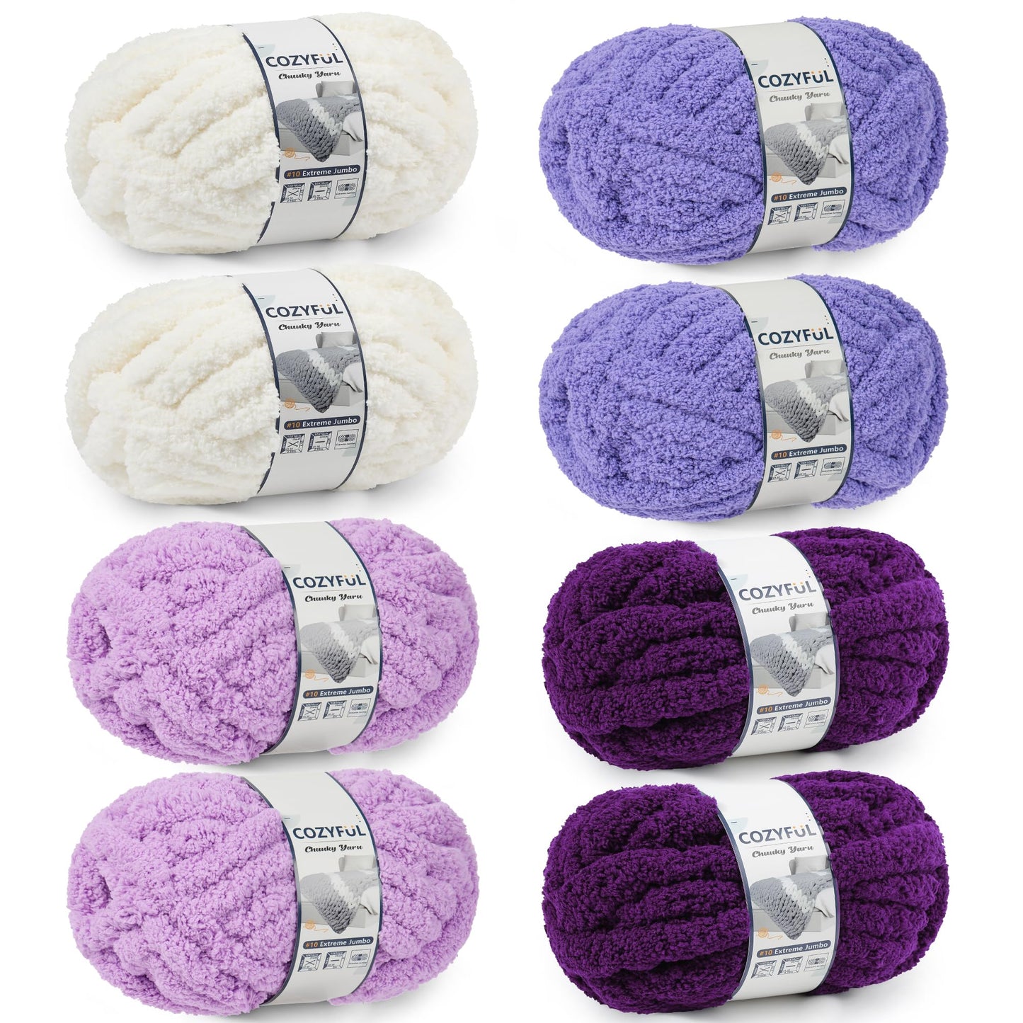 Cozyful Chunky Yarn for Hand Knitting - #10 Chunky Chenille Yarn, Jumbo Big Thick Chunky Yarns for Crocheting, Super Bulky Chunky Knit Blanket Yarns, 8 Skein (25yd, 8oz/Skein), Cream & Multi Purple