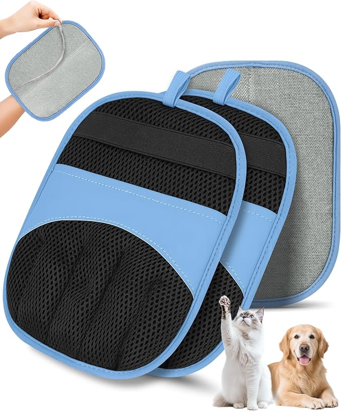 2 Pack Pet Hair Removal Glove - Electrostatic Magic Brush Gloves Pet Hair for Dogs and Cats, The Magic Brush Pure Path Yomi Pet Grooming Needs, Fur Remover for Furniture, Clothes, Car Seats (Blue)