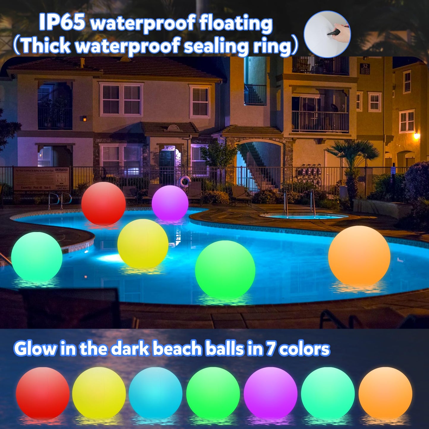 Ynipanda Floating Pool Light Ball, 12" Light Up Beach Ball, 4Pcs Waterproof LED Glow Balls with 8 Light Modes, Glow in The Dark Pool & Beach Decorations for Kids and Adults