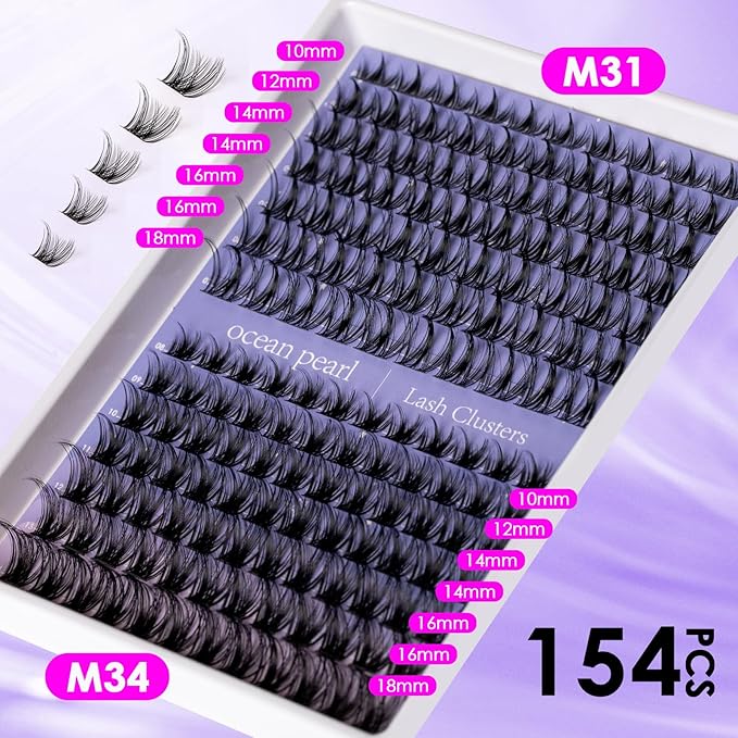 Ocean Pearl Lash Clusters Kit 154pcs,10-18mm manga/anime-inspired lashes clusters,spike-effect cluster lashes,Eyelashes,DIY Cluster Eyelash Extensions kit with lash bond+seal+remover+tweezers-M31+M34