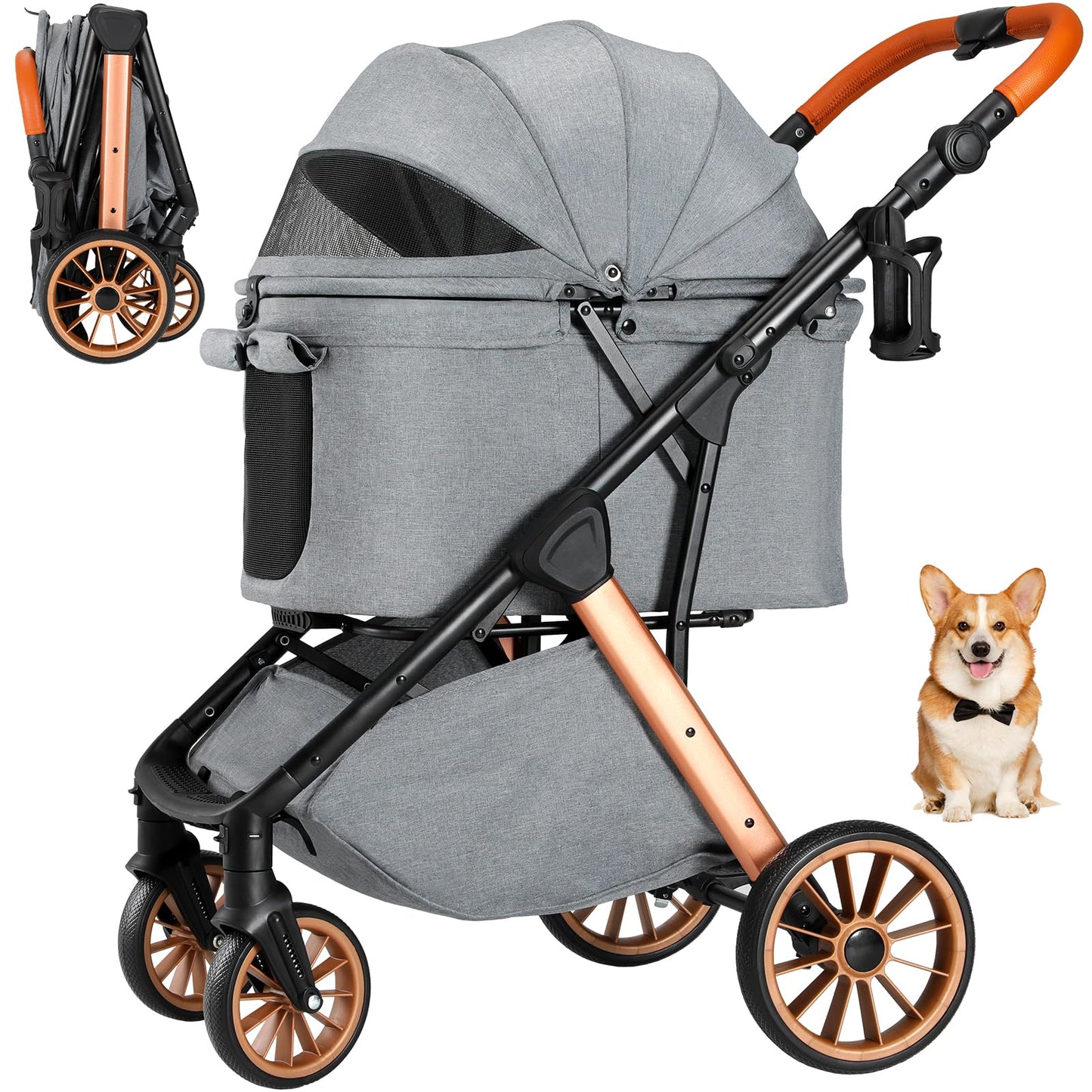 MAMIZO Foldable Dog Stroller for Medium Dogs Cats Up to 33 Lbs, Adjustable Height Handle, Pet Stroller with Aluminum and Carbon Steel Frame, Sun Shades, Storage Basket & Shock Absorbers, All-Terrain