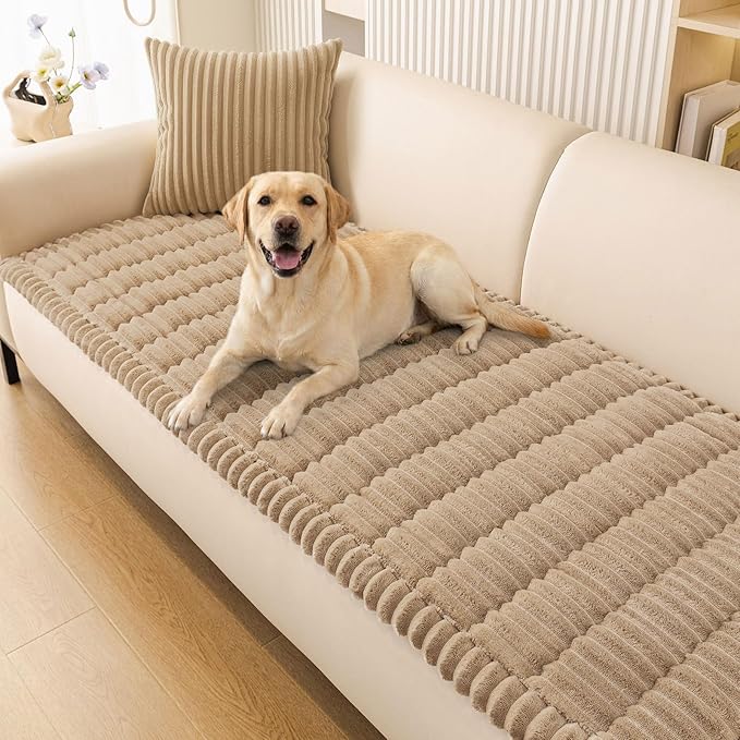 Smiry Couch Cover for Dogs Washable, Non Slip Fuzzy Pet Couch Covers for 3 Cushion Sofa Pet Friendly, Thick Soft Sofa Slipcovers Cushion Protector (Khaki, 27.6" x 70.9")