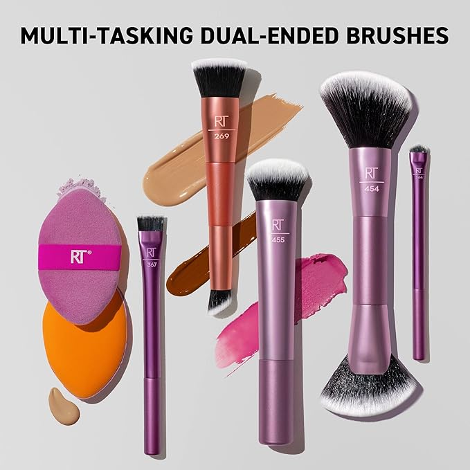 Real Techniques Big Blends Energy Brush + Dual-Sided Puff Kit, 6 Piece Face Makeup Brush & Puff Set for Foundation, Concealer, Powder & Blush, Travel Friendly, Cruelty-Free & Vegan