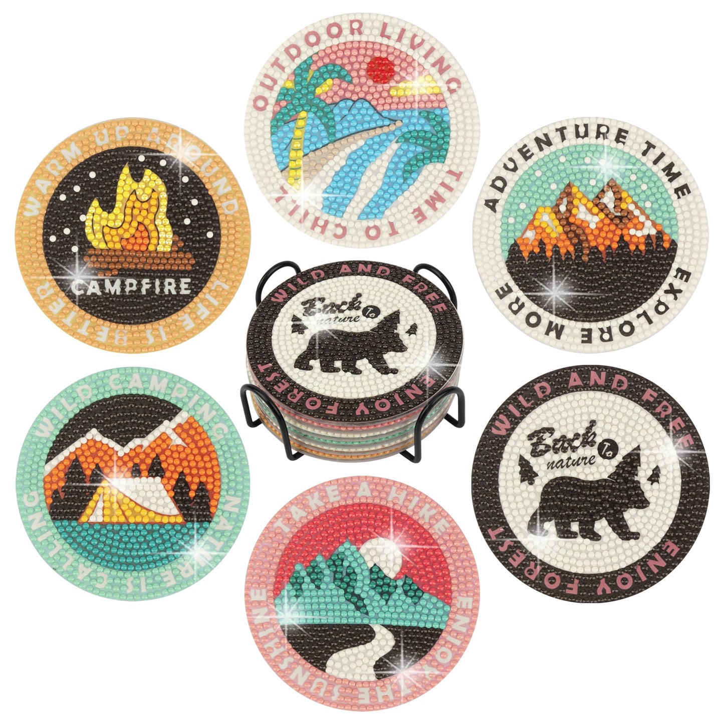 Temlum 6 Pcs Diamond Painting Coasters with Holder, DIY Outdoor Camping Coasters Diamond Art Kits for Beginners, Adults Small Diamond Painting Art Craft Supplies