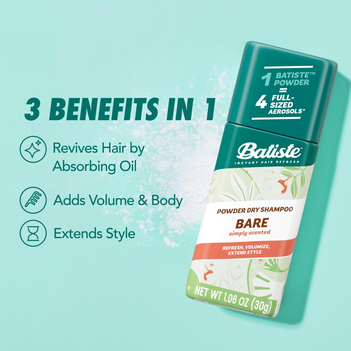 Batiste Powder Dry Shampoo, Oil-Absorbing, Non-Aerosol, Blends Seamlessly, Simply Bare Scented, Instant Hair Refresh, TSA Compliant (1.06 oz)