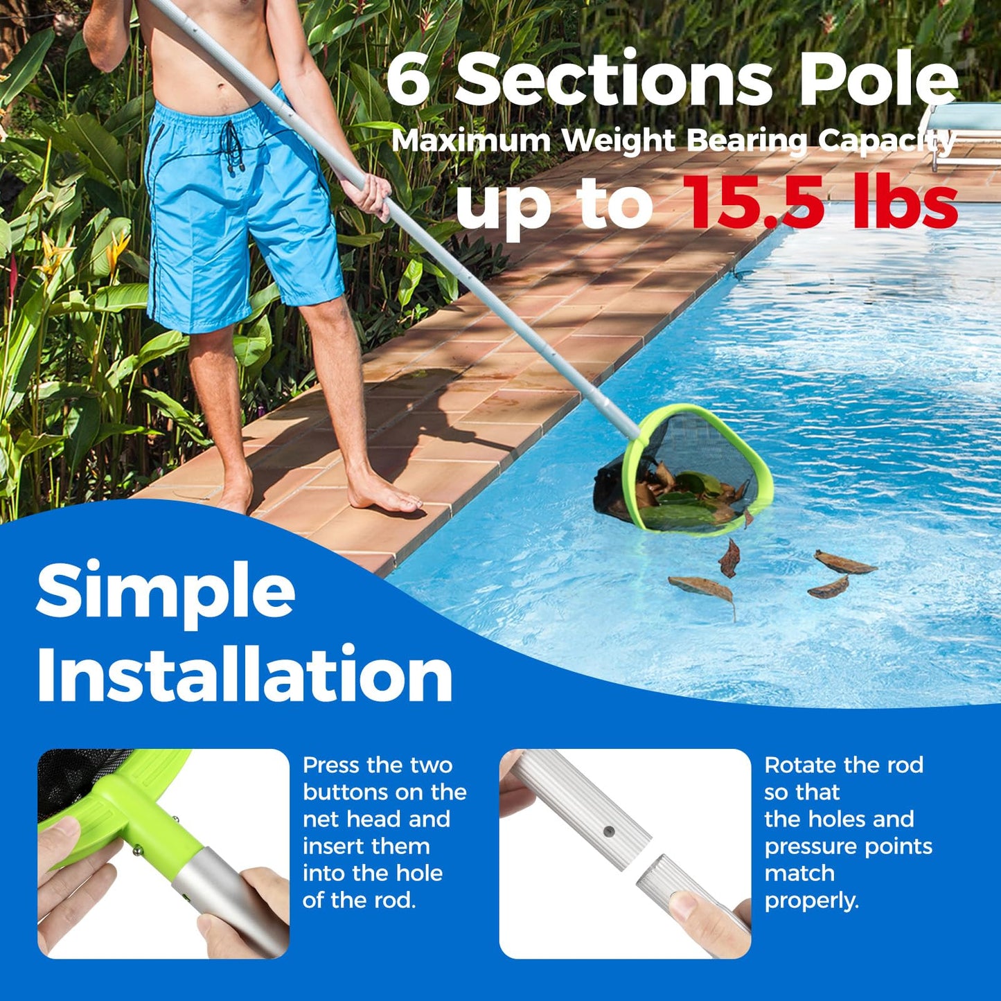 Mowend 【Upgrade】 Pool Net Total Length 6 Feet, Swimming Pool Skimmer Net with 6 Section Telescopic Aluminum Pole for Fast Cleaning Ponds, Hot Tub, and Spas, Pool Cleaner Supplies and Accessories