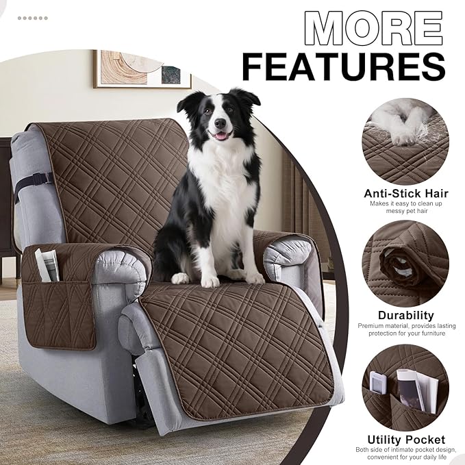 TAOCOCO 100% Waterproof Recliner Chair Cover, Non Slip Recliner Covers for Recliner Chair with Pocket, Washable Reclining Chair Cover Furniture Protector for Kids,Dogs(23.6'', Dark Brown)