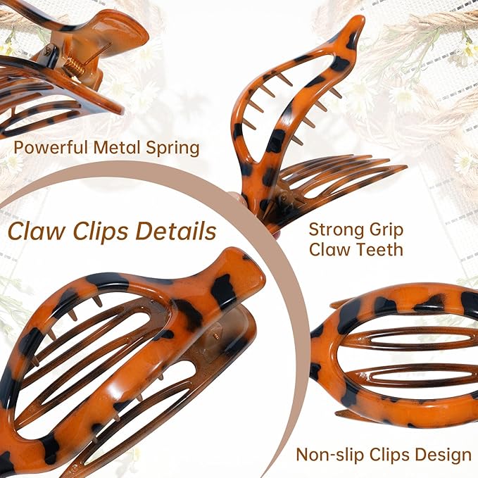 French Flat Hair Clips for Women - 6Pcs Flat Hair Claws for Thin, Thick Hair Strong Hold No Slip Grip Hair Claw Clips for Women Girls (Leopard print #1)