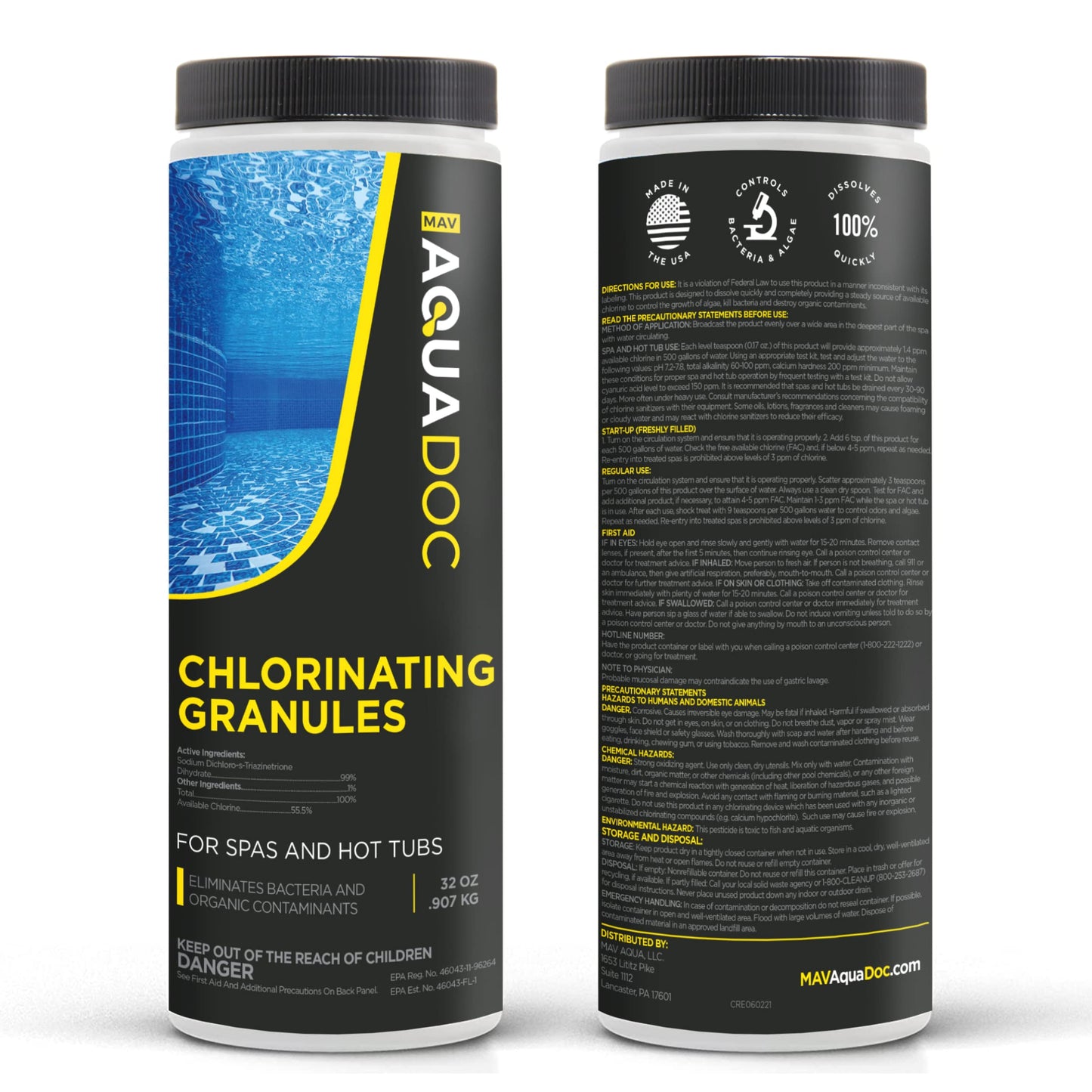 Spa Chlorine for Hot Tub Sanitizer 2lbs - Quick Dissolving Hot Tub Chlorine Granules, Spa Chemicals Made in The USA - AquaDoc