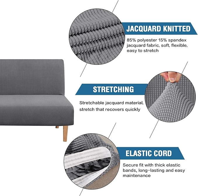H.VERSAILTEX Armless Futon Cover Stretch Sofa Bed Slipcover Protector Elastic Feature Rich Textured High Spandex Small Checks Jacquard Fabric Futon Cover, Machine Washable, Gray