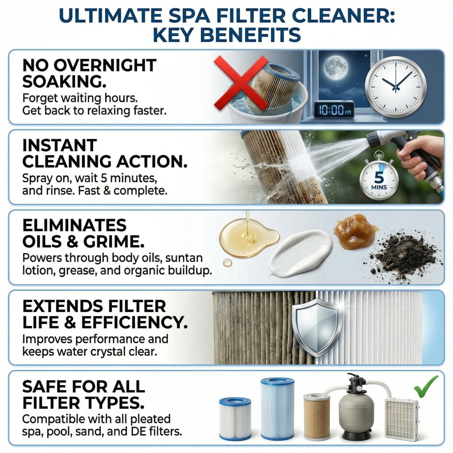 Ultimate Spa Filter Cleaner Fast-Acting Spray. Instant clean for Hot Tub & Pool Filters leaving behind no sticky residue. Prolongs filter life and pool equipment. No soaking. (1-Gallon)