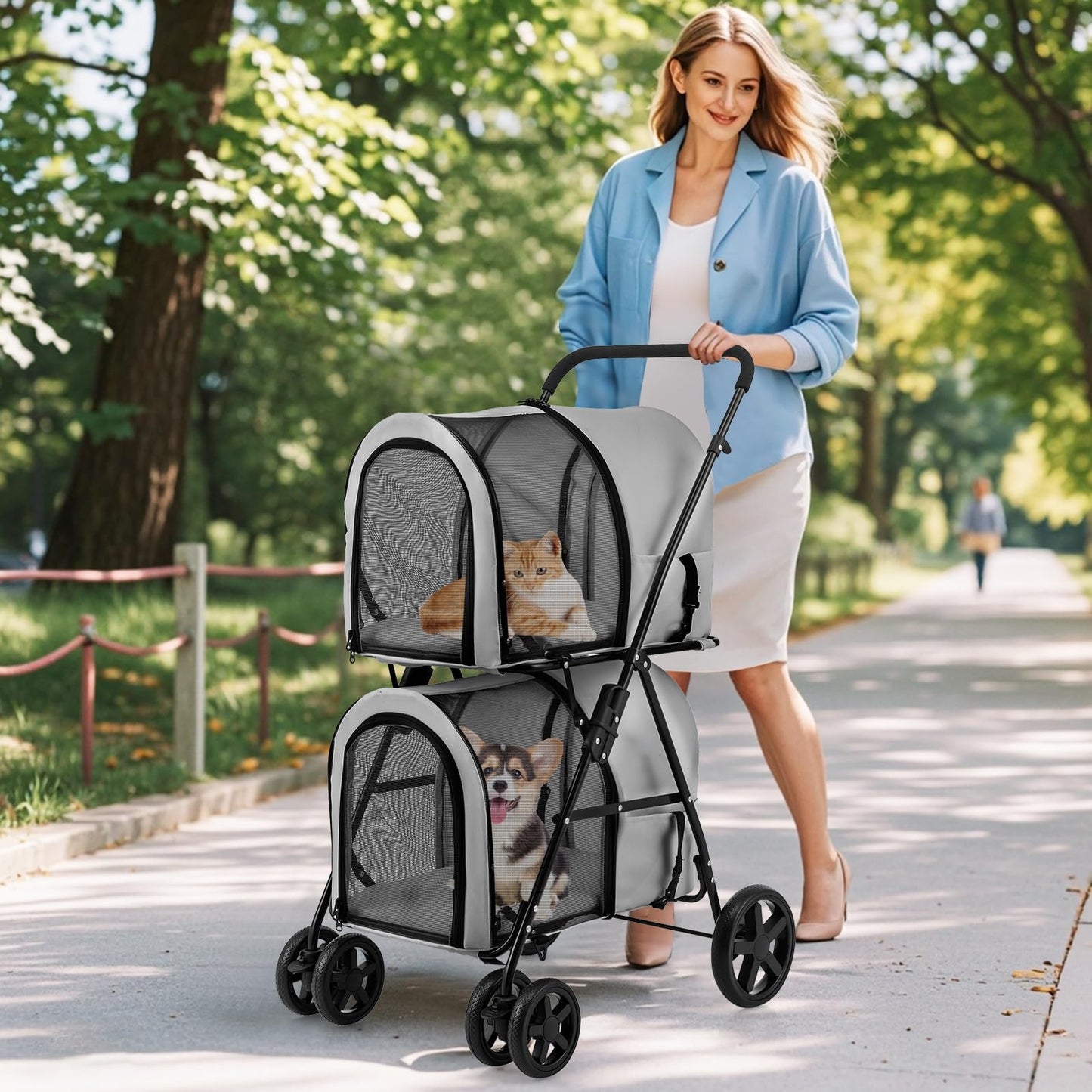 Giantex Double Pet Stroller with 2 Detachable Carrier Bags, Safety Belt, 4 Lockable Wheels, Folding Cat & Dog Stroller for Small Medium Pets, Cats Dogs Puppy Travel Strolling Cart (Gray)
