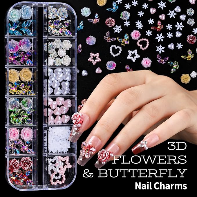 Teenitor Nail Charms and Nail Art Tools Set, Nail Art Kit with 5 Boxes of 3D Nail Charms and Gems Rhinestones, 15 Pcs Nail Art Brushes, 5 Pcs Nail Dotting Tools, 2 Set of Nail Stand