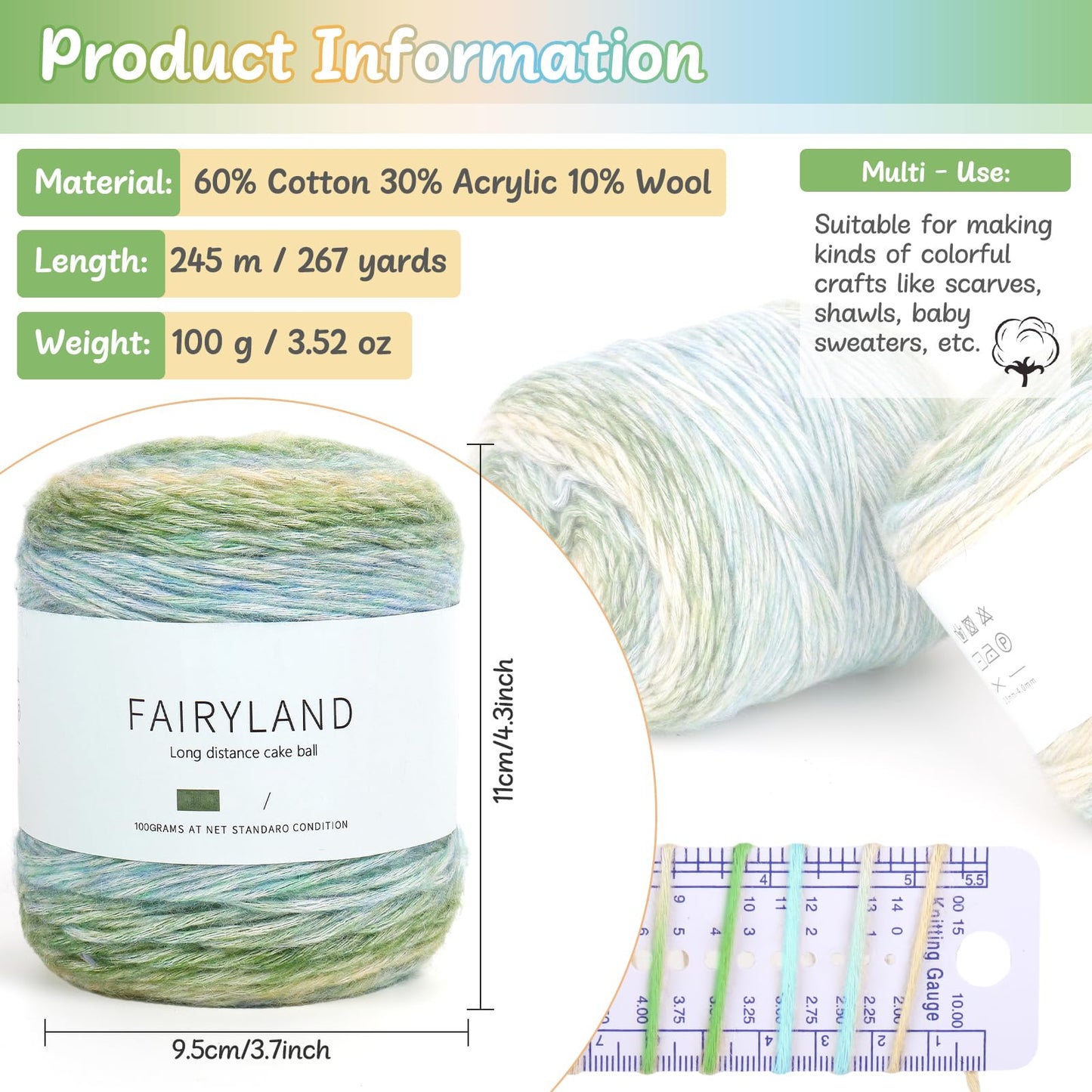 Aeelike Cake Yarn for Crocheting, 3 Skeins Gradient Cake Yarn 100g (3.52 oz) 245m (267 Yards), Super Soft Ombré Yarns Cake Rainbow Cotton Yarn for Making Colorful Crafts, Green Gradient