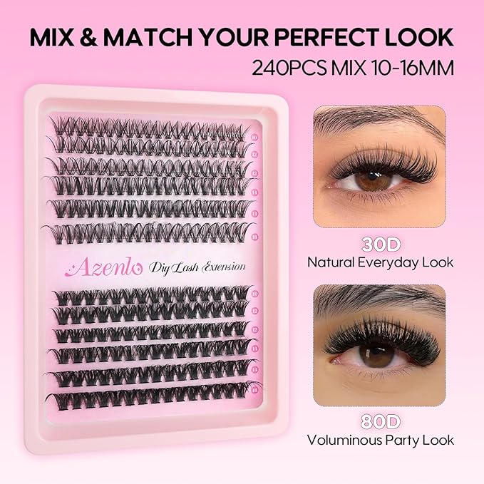 Azenlo Lash Extensions Cluster DIY Lashes 240pcs 30D 80D 10-16mm Eyelash Clusters Individual Lashes Cluster Lash Kit Thin Band Lash Kit(30D+80D KIT)