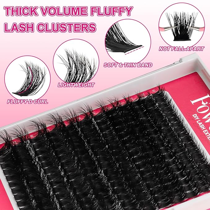 Fowendia Lash Clusters Kit Fluffy 100D Individual Lashes D Curl Cluster Eyelash Extensions 10-18mm DIY Lash Extension Kit Lash Bond and Seal Waterproof, Lash Applicator, Thick False Eyelashes Kit