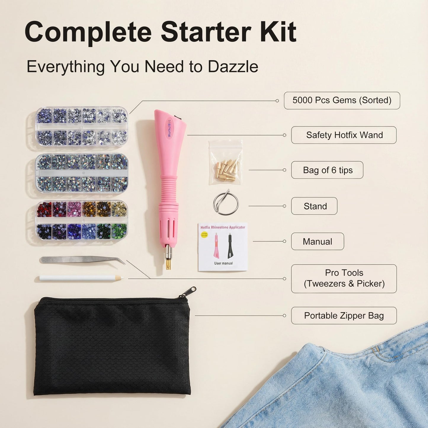 Worthofbest Hotfix Rhinestone Setter, Hot Fix Applicator Tool Bedazzler Kit with rhinestones, Kit, Hot Fixed Wand for Clothes Clothing Fabric Crafts, 5000 Pcs, AB Crystal, Clear, 3 Gems Sizes, Tips