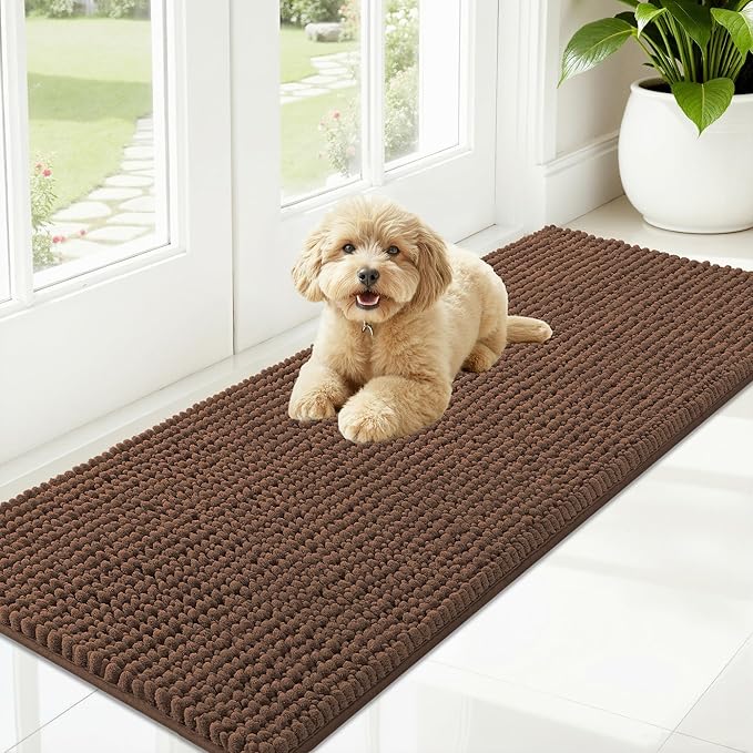 OLANLY Dog Door Mat for Muddy Paws 59x20, Ultra Absorbent Chenille Mud Doormat, Non-Slip Washable and Dirt Trapping Doormat for Indoor Entryway, Quick-Dry Indoor Pet Bed Mats for Dogs, Mocha
