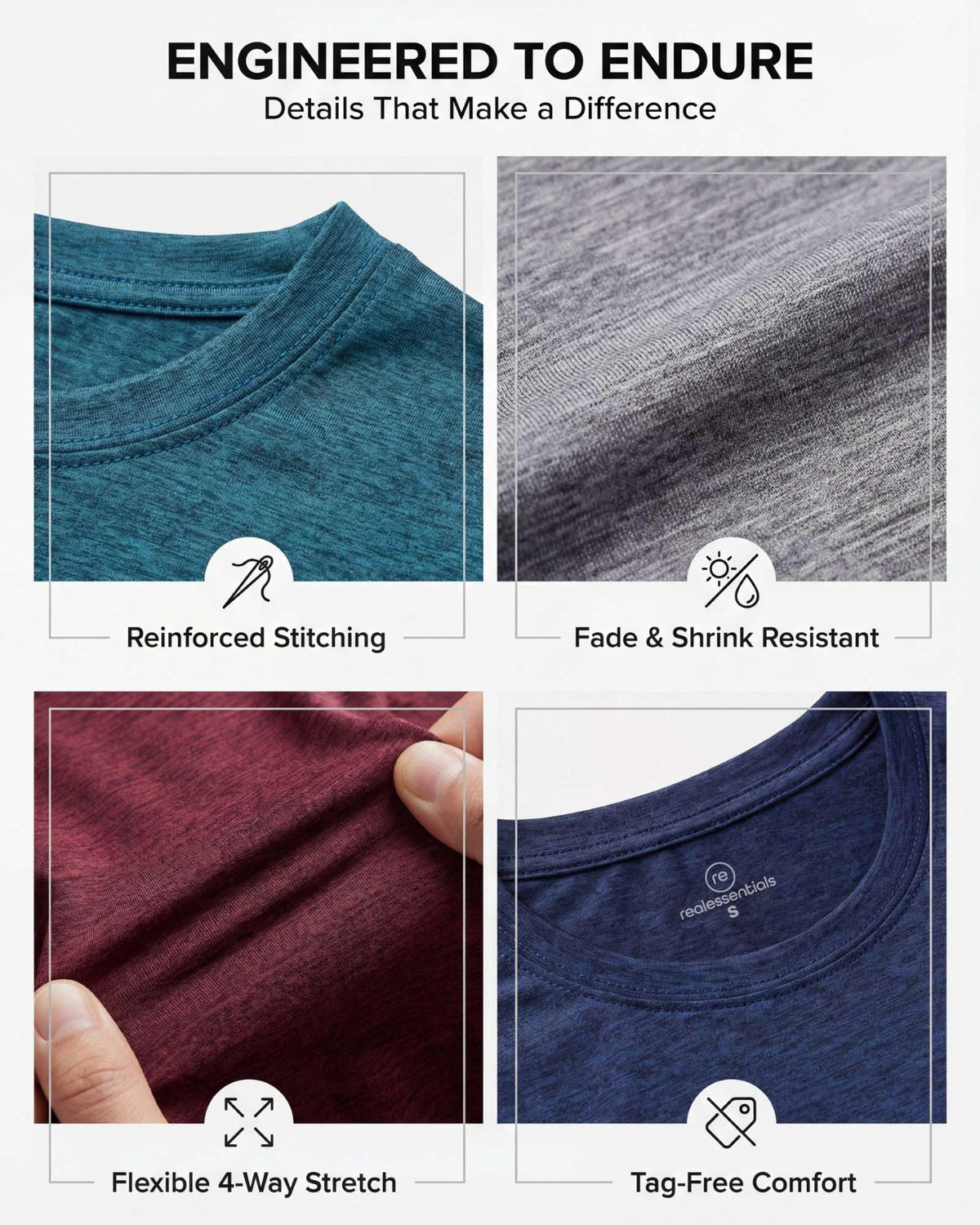 Real Essentials 5 Pack: Men's Dry-Fit Short Sleeve Crew Neck T Shirts Fitness Running Gym Workout Cool Exercise Athletic Tee, Set 13, Medium