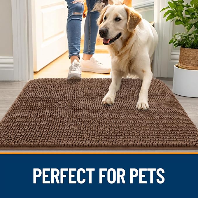 OLANLY Dog Door Mat for Muddy Paws 50x30, Absorbs Moisture and Dirt, Absorbent Non-Slip Washable Doormat, Quick Dry Chenille Mud Mat for Dogs, Entry Indoor Entryway Carpet for Inside Floor, Mocha