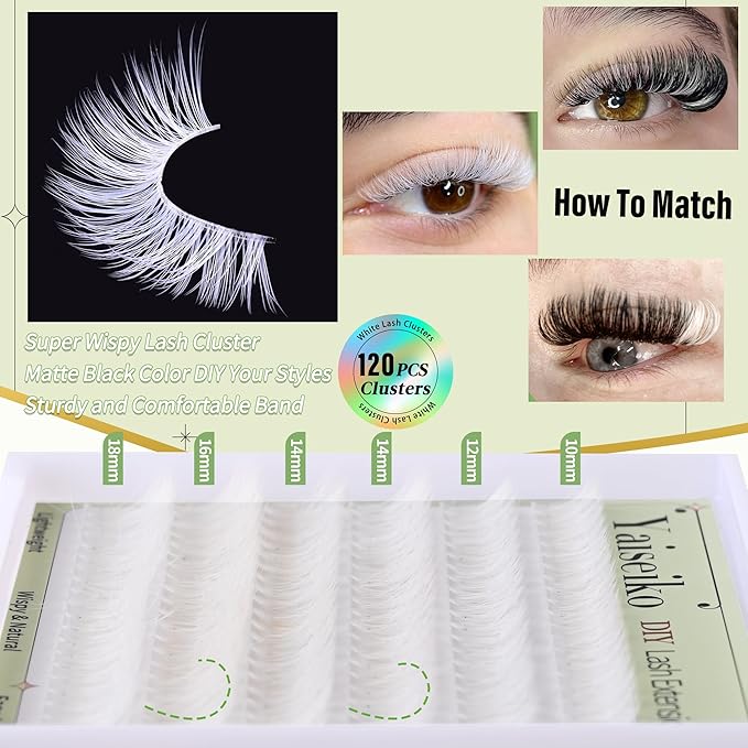 White Lashes Clusters Wispy Eyelash Extension Colored Eyelashes 10-18MM Reusable 50D Natural Individual Lashes Cosplay DIY Lash Extensions (White,120Pcs)