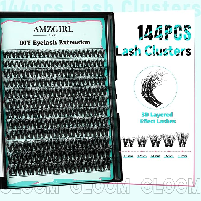 Lash Clusters 3D Effect Cluster Eyelash Extensions 144pcs D Curl Eyelash Clusters False Eyelashes Soft Comfortable Individual Lashes DIY Lash Extensions with Thin Band (Gloom, D-10-18mm)