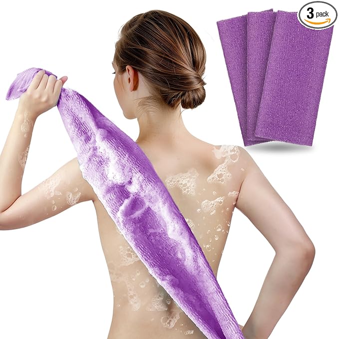 Exfoliating Towel for Body, Back, & Legs (3-Pack) | ARCH&M Korean Bath Scrub & Japanese Washcloth for Ingrown Hairs & Smooth Skin (Purple x 3)