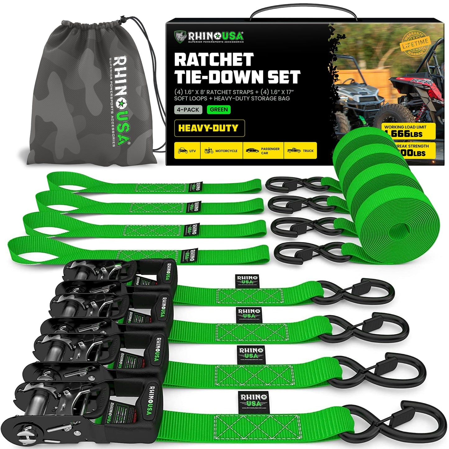 Rhino USA Ratchet Straps Heavy Duty Kit (4-Pack) - 1.6 Inch x 8 Feet Min Break Strength (5,000) - Ultimate Tie Down Straps with Safety S Hooks for Trucks, ATV, UTV, Motorcycle, Cargo & More - Green