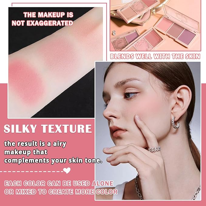 2Pcs 3 Colors Blush Palette for Cheeks with Make Up Brush,Face Matte Contour Blush Makeup Palette,Buildable Shimmer Facial Cheek Blusher Shades,Blendable Cosmetic Makeup Blush