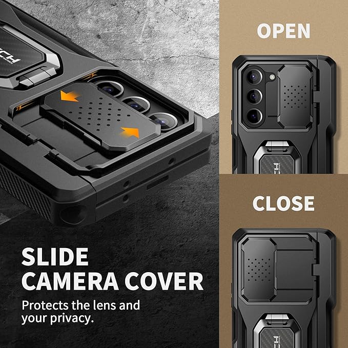 TONGATE for Z Fold 5 Case with Ring Stand, Built-in S Pen Holder & Glass Screen Protector Shockproof Rugged Z5 Phone Case with Slide Camera Cover & Belt Clip for Samsung Galaxy Z Fold 5 2023, Black