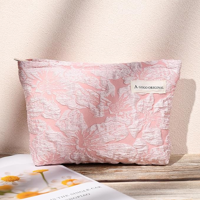 SOIDRAM 2 Pieces Flower Makeup Bag Large Floral Cosmetic Bag Capacity Canvas Travel Toiletry Bag Organizer Cute Makeup Brushes Aesthetic Accessories Storage Bag for Women, Flower L White Pink