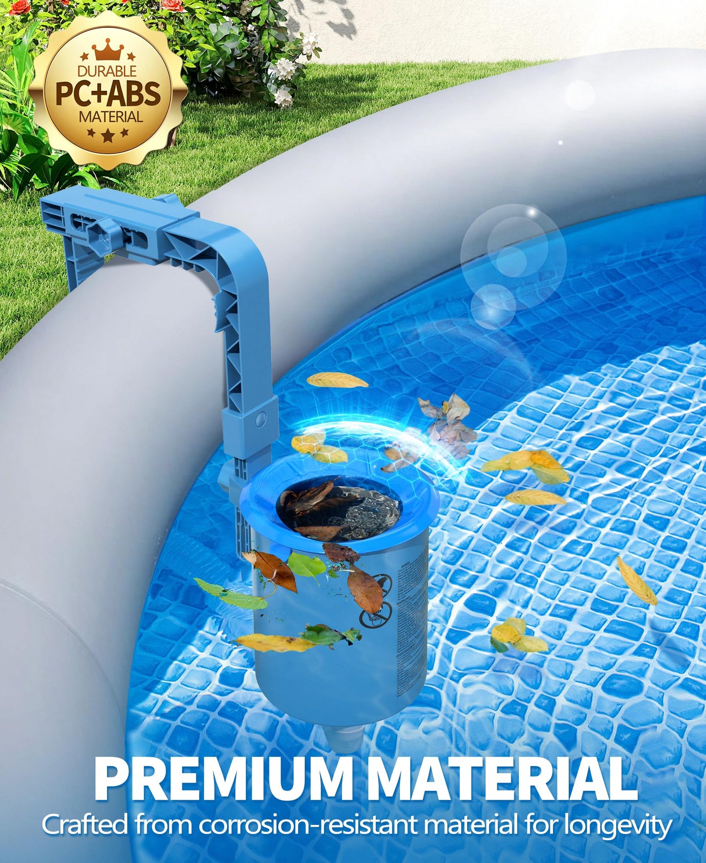 DeeprClean Upgrade Above Ground Pool Skimmer Comes with 3 Socks, Anti-tilt Wall Mount Surface Skimmer, Removable Skimmer Basket, Adjustable Height Bracket, Auto Skimming Pool Surface Leaves - Blue