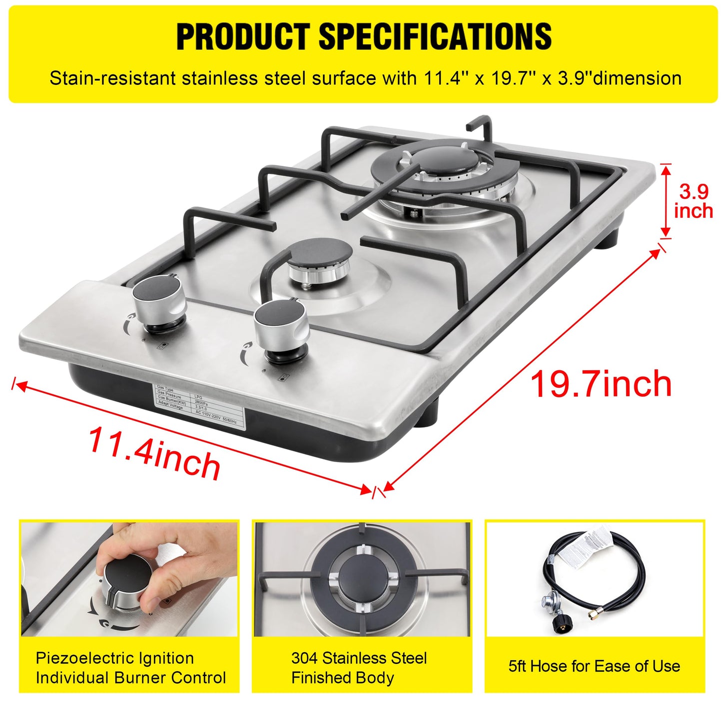 Gas Cooktop12Inch,Built in Gas Cooktop 2 Burners Stainless Steel Stove with NG/LPG Conversion Kit Thermocouple Protection and Easy to Clean