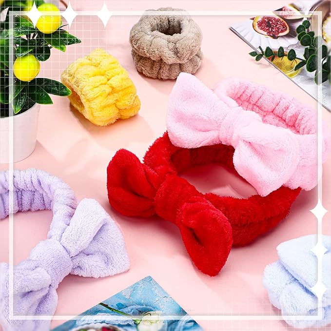 Janmini 36 Pcs Spa Headband and Wristbands Set for Washing Face Facial Spa Hair Wraps Makeup Skincare Bath Winter Gifts 12 Pcs Flannel Hairbands 24 Wristbands for Women Girls(Solid)