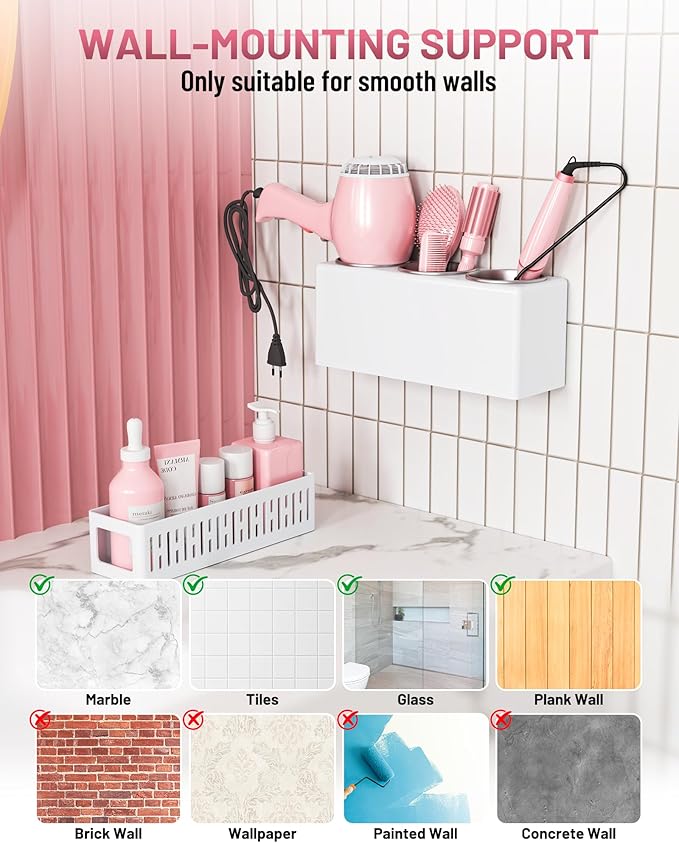 Hair Tool Organizer, Detachable Hair Dryer Holder with 3 Stainless Steel Cups, Wall Mounted Bathroom Organizers and Storage for Accessories, Curling Irons, Straighteners, Toiletries, Makeup