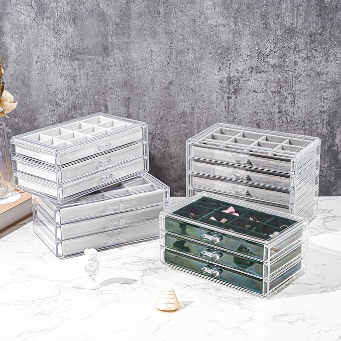 ProCase Earring Holder Organizer Jewelry Box with 3 Drawers, Acrylic Clear Earring Case with Adjustable Velvet Trays for Women - Emerald, 3 Layers