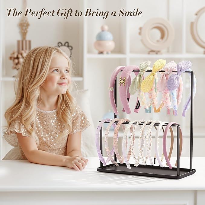 Headband Holder Organizer Metal 2-Tier with Tray: Hair Accessories Display Stand Storage Hairband Rack Necklace Stand Home Bedroom for Girls Women, Black