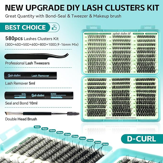 Wispy Lash Clusters Kit, D Curl Lashes Clusters Natural Look 9-16mm Individual Super Thin Band DIY Cluster Eyelash Extensions Kit with Bond Seal Tweezers Brush Remover (30DÃ¢ÂÂ100D Mix)